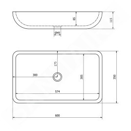 Sapho Blok - Vasque, 600x350 mm, sans trop-plein, noir mat 2401-39