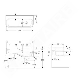 Geberit Bambini - Double-lavabo pour enfants, 90x39 cm, à droite, sans trop-plein, sans trou pour robinetterie, blanc alpin