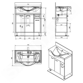 Aqualine Keramia Fresh - Meuble-vasque 745x740x347 mm, chêne 50083