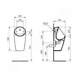 Ideal Standard Sphero - Urinoir, alimentation arrière, Rimless, blanc E183201