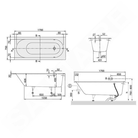 Villeroy & Boch Oberon - Baignoire Solo 1700x750x450 mm, Quaryl, blanc UBQ170OBE2V-01