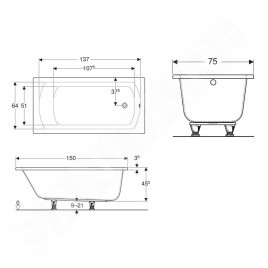 Geberit Perfect - Baignoire 150 x 75 cm, pieds inclus, blanc 554.071.01.1
