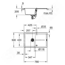 Grohe Éviers - Évier composite K400 avec garniture de vidage automatique, 780x500 mm, gris granite 31639AT0
