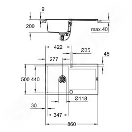 Grohe Éviers - Évier composite K500 avec garniture de vidage automatique, 860x500 mm, gris granite 31644AT0