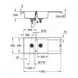 Grohe Éviers - Évier composite K500 avec garniture de vidage automatique, 1160x500 mm, gris granite 31647AT0