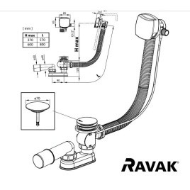 Ravak Garnitures de vidage - Set d'écoulement et trop-plein de baignoire, longueur 570 mm, bowden, chrome X01507