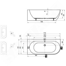 Ravak Freedom Corner - Baignoire 170x80 cm, pour mur à gauche, blanc XC00100041