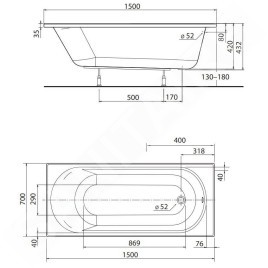Kolo Opal Plus - Baignoire 1500x700 mm, blanc XWP1250000
