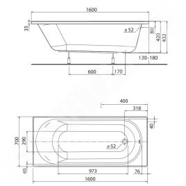 Kolo Opal Plus - Baignoire, 1600x700 mm, blanc XWP1260000