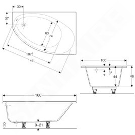 Geberit Selnova - Baignoire d'angle 1600x1000x466 mm, droit, blanc 554.275.01.1