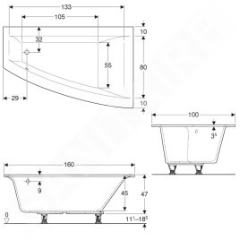 Geberit Selnova Square - Baignoire asymétrique 1600x1000x470 mm, droite, blanc 554.290.01.1