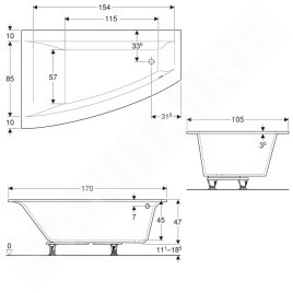 Geberit Selnova Square - Baignoire asymétrique 1700x1050x470 mm, gauche, blanc 554.293.01.1