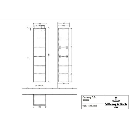 Villeroy & Boch Subway 3.0 - Armoire haute, 40x171x36 cm, 2 portes, charnières à gauche, SoftClosing, Brilliant White C58600VE