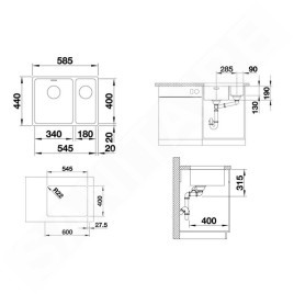 Blanco Andano 340/180 - Évier, 585x440 mm, gauche, inox 522979