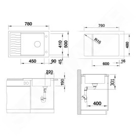 Blanco Elon XL 6 - Évier en silgranit, 780x500 mm, avec commande de vidage et accessoires, InFino, gris 527253