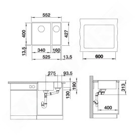 Blanco Subline 340/160 - Évier en silgranite, 552x427 mm, bac à gauche, gris rocher 523569