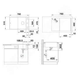 Blanco Axia III 45 - Évier en silgranit, 780x510 mm, avec accessoires, InFino, gris 527218