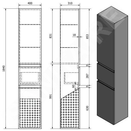 Aqualine Altair - Armoire haute 184x40x31 cm, avec panier, noir mat AI685