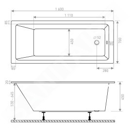 Lansanit EX - Baignoire 1600x700 mm, blanc LITEX-160X70