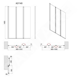 Aqualine Vanda - Paroi de salle de bains 1000x1400 mm, chrome/verre mat AQ1140