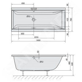 Polysan Baignoires - Baignoire rectangulaire CLEO, 1600 x 700 x 480 mm, blanc 73611