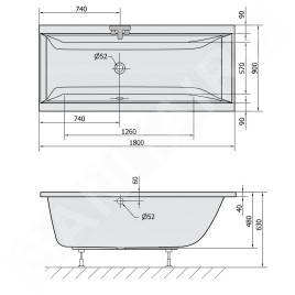 Polysan Baignoires - Baignoire rectangulaire CLEO, 1800 x 900 x 480 mm, blanc 13111