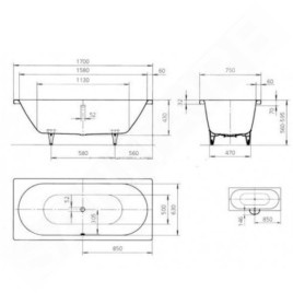 Kaldewei Ambiente - Baignoire rectangulaire Classic Duo 107, 1700x750 mm, Pearl-Effet, blanc 290700013001