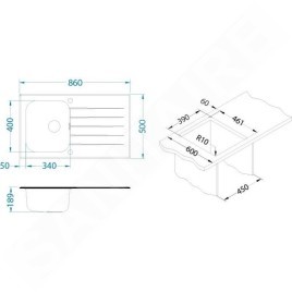 Alveus Glassix - Évier 860x500 mm, avec commande du vidage, verre blanc / inox 1099462