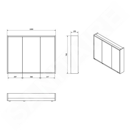 Sapho Batu - Armoire miroir 1000x780x150 mm, avec éclairage LED, blanc 1141130