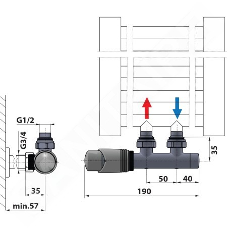 Bruckner Wicher - Kit de raccordement thermostatique, raccordement central 50 mm, blanc 600.311.4