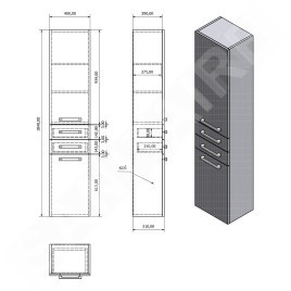 Aqualine Vega - Armoire suspendue avec panier 400x1840x310 mm, blanc VG180