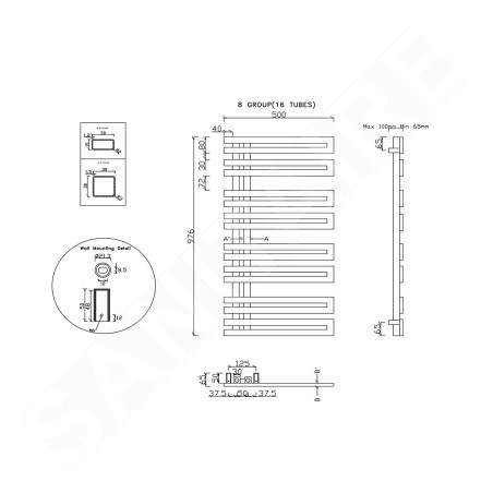 Sapho Volga - Corps de chauffe 500x976 mm, 265 W, inox brossé NR510