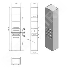 Aqualine Vega - Armoire suspendue avec panier, 400x1840x310 mm, chêne platine VG980