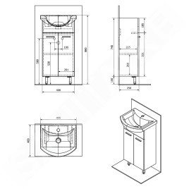 Aqualine Zoja - Meuble lavabo 420x740x250 mm, 2 portes, blanc 51045A