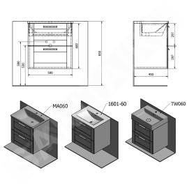 Sapho Amia - Meuble lavabo 590x600x450 mm, 2 tiroirs, chêne Texas AM060-2020