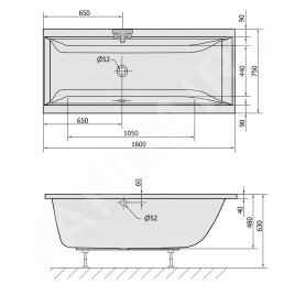 Polysan Baignoires - Baignoire rectangulaire CLEO, 1600 x 750 x 480 mm, blanc 93611