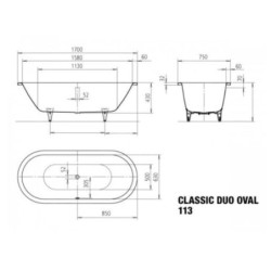 Kaldewei Ambiente - Baignoire Classic Duo Oval 113, 1700x750 mm, avec trous pour les poignées, antidérapante sur toute la