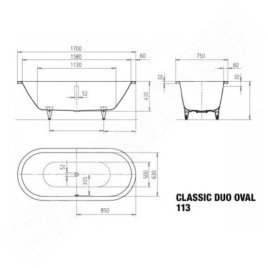 Kaldewei Ambiente - Classic Duo Oval 113, 1700x750 mm, avec trous pour les poignées, blanc 291410110001