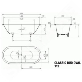 Kaldewei Ambiente - Classic Duo Oval 112, 1600x700 mm, antidérapant, blanc 291330000001
