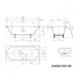 Kaldewei Ambiente - Baignoire rectangulaire Classic Duo 109, 1800x750 mm, avec trous pour les poignées, antidérapante sur toute