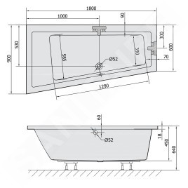 Polysan Baignoires - Baignoire asymétrique Andra Slim L, 1800 x 900 x 450 mm, blanc 72872S