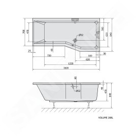 Polysan Baignoires - Baignoire asymétrique VERSYS L, 1600 x 840 x 470 mm, droit, blanc 15611