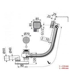 Alcadrain Garnitures de vidage - Kit vidange et trop-plein de baignoire avec remplissage, longueur 800 mm, chromé A564CRM1-80