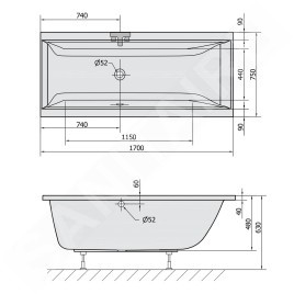 Polysan Baignoires - Baignoire Cleo, 1700 x 750 x 480 mm, blanc 94611