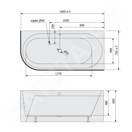 Polysan Monolith - Baignoire asymétrique Astra R 1600x750x600 mm, droite, blanc 34611M