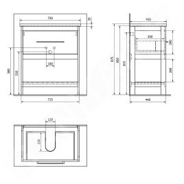 Aqualine Etide - Meuble lavabo 715x850x440 mm, 1x tiroir, blanc mat ET725