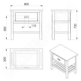 Sapho Brand - Meuble lavabo 73x80x50 cm, 1 tiroir, épicéa teinté BA083S