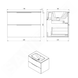 Sapho Cirasa - Meuble-lavabo 70x52x46 cm, 2 tiroirs, chêne Alabama strip CR701-2322