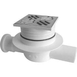 Drain de sol 105x105, double sortie horizontale, DN50, grille en acier inoxydable poli