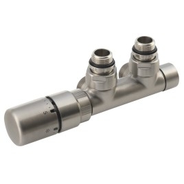 Valve thermostatique en angle TWIN Set, gauche/mêlée. conn./brushed inox steel